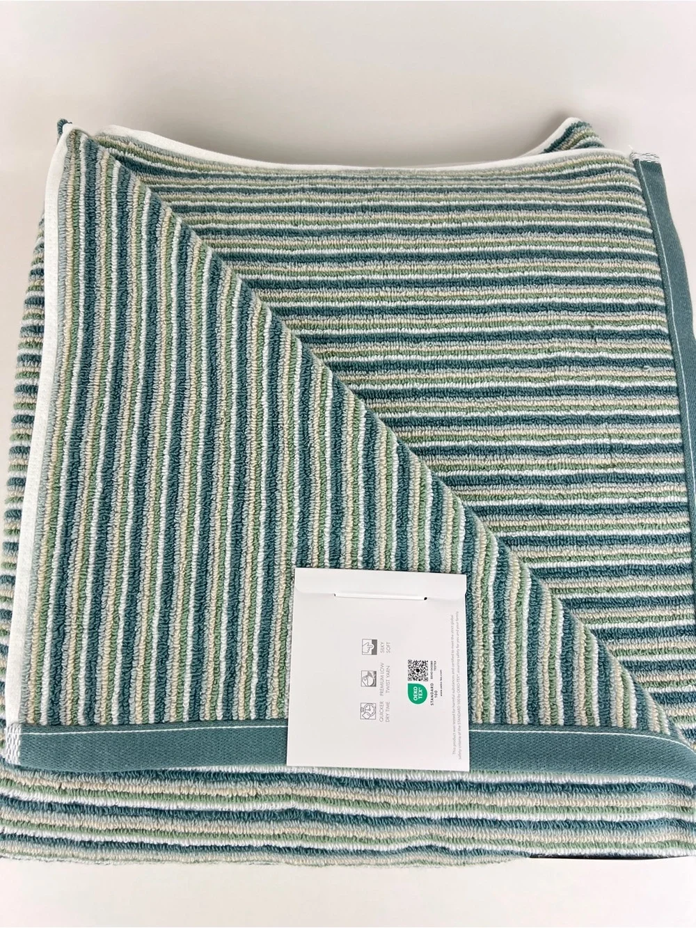 CARO Home Bath Towels Green Yellow White Striped Soft 100% Cotton 2 Pc Set NEW